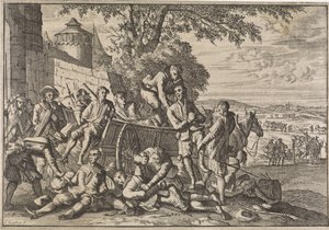 Spanische Soldaten werden auf Karren geladen und weggeführt, 1641 von Caspar Luyken