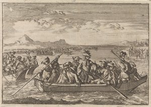 Aus Savoyen vertriebene Waldenser kehren 1689 in Booten über den Genfersee in ihr Land zurück