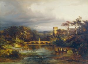 Burg am Waldsee mit Kahnfahrern und Bogenbrücke