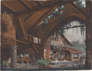 Architektonische Fantasie antiker Ruinen mit Wassermühle von Caspar Wolf