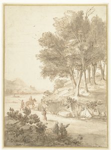 Italienische Landschaft mit Figuren entlang einer Straße und einem Fluss im Hintergrund von Caspar van Wittel