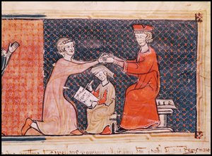 Der königliche Staatsanwalt, der Schreiber und der Feudalherr, aus Capbreu de Clayra et de Millas 1292 von Catalan School