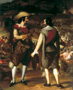 Die Eroberung von San Juan in Puerto Rico (1625). Detail. Im Vordergrund spricht Don Juan de Haro mit seinem Assistenten. Hinter ihm die Festung, die von den Spaniern bewacht wird, die die Niederländer zum Verlassen zwingen. Gemälde von Eugenio Caxes oder 