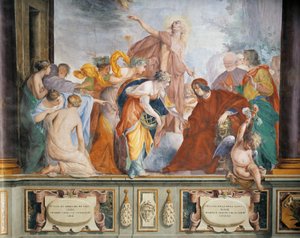 Lorenzo empfängt die Musen und Tugenden, begleitet von Apollo in Florenz, von Francesco Montelatici, Fresko von Cecco  Bravo
