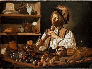 Innenraum mit einem jungen Mann, der eine Blockflöte hält von Cecco del Caravaggio