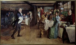 Frühstück im Gasthaus. Gemälde von Cecil Aldin (1870 - 1935)