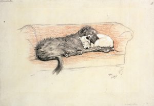 Versöhnung; Wolfshund und Bullterrier schlafen auf einem Sofa