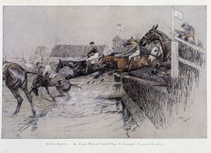 Das Grand National Steeple Chase in Liverpool: Der Sprung über den Fluss - Zeichnung von Cecil Adlin von Cecil Charles Windsor Aldin