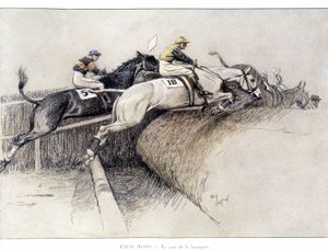 Das Grand National Steeplechase in Liverpool: Der Sprung vom Bankett - Zeichnung von Cecil Aldin von Cecil Charles Windsor Aldin
