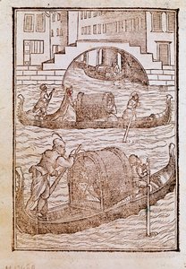Gondeln in der Lagune von Venedig im 15. Jahrhundert. Gravur aus „Degli abiti antichi e moderni“ von Cesare Vecellio (1521-1601) 1590 Venedig, Biblioteca Marciana von Cesare (after) Vecellio