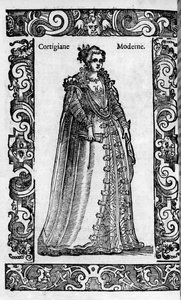 Renaissance: eine römische Kurtisane im 16. Jahrhundert. Gravur aus „Moderne und antike Kostüme“ von Cesare Vecellio von Cesare (attr. to) Vecellio