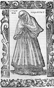 Renaissance: eine Kurtisane zur Zeit von Papst Pius V. (1566-1572). Gravur aus „Modern und Ancient Costumes“ von Cesare Vecellio
