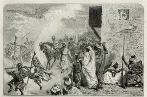Ein Junge trägt triumphierend bei der Rückkehr der Beschneidungszeremonie, inmitten der Menge, die in die Luft schießt, während er schreit und sich wieder freut, Gravur von C. Biseo zur Illustration der Geschichte Le Maroc von Edmondo de Amicis