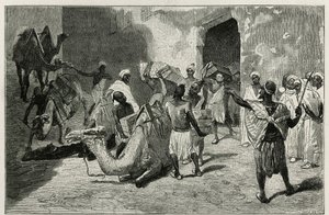 Das Beladen der Kamele aus der Karawane des Autors der Geschichte, Atanger, Gravur von Biseo, zur Illustration der Geschichte „Le Maroc“ von Edmondo de Amicis, 1875, veröffentlicht in „Le tour du monde“, unter der Leitung von Edouard Charton von Cesare Biseo