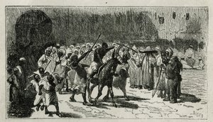 Die Bestrafung eines Diebes, er steigt auf ein Maultier, er erhält Schläge unter dem Gejohle der Menge, Gravur von C. Biseo, zur Illustration der Geschichte „Le Maroc“ von Edmondo de Amicis, 1875, veröffentlicht in „Le tour du monde“, unter der Leitung von von Cesare Biseo