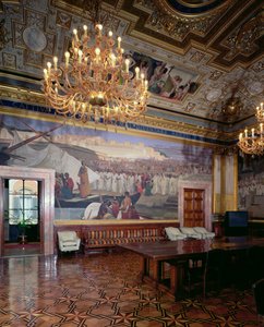 Die Sala Maccari (Detail eines Panels, das einen Redner vor einer Menge zeigt) von Cesare Maccari