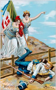 Erster Weltkrieg: Plakat, das eine Allegorie von Italien und Frankreich zeigt, die Deutschland über die Grenze jagen