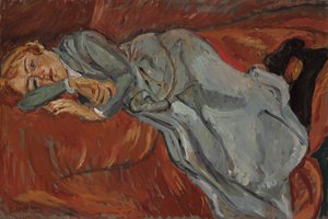 Frau, die auf einer roten Couch liegt; Femme couchée sur un Divan Rouge, ca. 1916