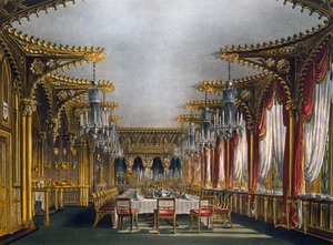 Gotisches Esszimmer, Gravur von Thomas Sutherland, basierend auf einem Entwurf von Charles Wild, aus The History of the Royal Residences