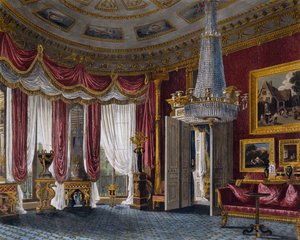 Rosa Satin-Salon, Gravur von Richard Reeve (geboren 1780), basierend auf einem Entwurf von Charles Wild (1781-1835), aus The History of the Royal Residences von Charles (after) Wild