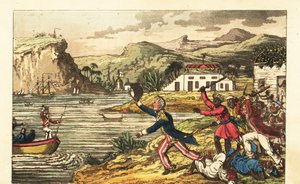 Englischer Marineoffizier flieht vor einem wütenden Plantagenbesitzer und versklavten Männern mit Knüppeln in Jamaika von Charles (c.1797 1850) (after) Williams