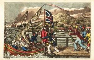 Englischer Marineoffizier entführt eine versklavte Frau auf dem Pier von Barbados, verfolgt von ihrem Ehemann und Plantagenarbeitern
