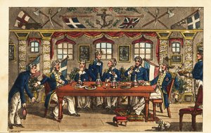 Seekadett Newcome verbeugt sich, als er das Abendessen in der Kapitänskabine der HMS Victory verlässt von Charles (c.1797 1850) (after) Williams