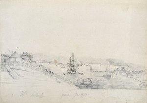 Rechts das Lager der Franzosen der Baudin-Expedition am Bennelong Point, links Sydney, Heimat von Nicolas Bayley - Bleistift und Tinte von Charles Alexandre Lesueur von Charles Alexandre Lesueur