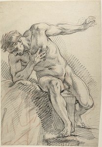 Skizze eines männlichen Aktes, der sich auf den rechten Ellbogen stützt (recto) von Charles Antoine Coypel
