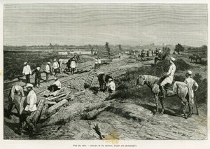 Verlegung der transkaspischen Schienen. Gravur von Ch. Barbant zur Illustration der Geschichte Voyage à Merv, von Edgar Boulanger, in Le Tour du Monde 1887, unter der Leitung von Edouard Charton, Hachette, Paris von Charles Barbant