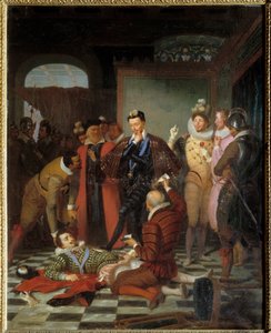Heinrich III., König von Frankreich, stößt den Leichnam von Henri I. von Lothringen, Herzog von Guise, genannt der Balafré, nach seiner Ermordung im Schloss von Blois