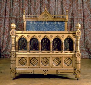 Gotisches Revival-Einlegebett mit gepolstertem Kopfteil, hergestellt von Marsh & Jones, ca. 1866 (Holz)