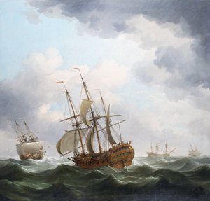 Ein britisches Handelsschiff der East India Company, gefangen in einem Sturmwind von Charles Brooking
