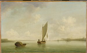 Ein Segelschiff bei leichtem Wind auf einem Fluss, ca. 1756-9 von Charles Brooking