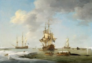 Grönlandfischerei: Englische Walfänger im Eis, ca. 1750