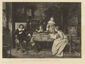 Milton sitzt in einem Lehnstuhl und diktiert einer seiner Töchter sein Paradise Lost von Charles Courtry