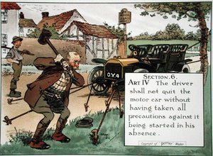 Abschnitt 6. Art. IV Der Fahrer darf das Auto nicht verlassen, ohne alle Vorsichtsmaßnahmen gegen ein Starten in seiner Abwesenheit getroffen zu haben, aus einem Buch der Straßenverkehrsregeln, veröffentlicht ca. 1905 von Charles Crombie