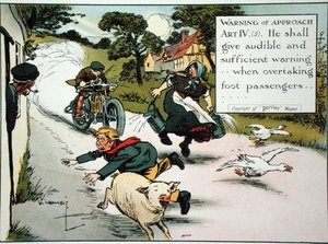 Warnung vor Annäherung. Art. IV.(5) Er soll hörbare und ausreichende Warnung geben...beim Überholen von Fußgängern, aus einem Buch der Straßenverkehrsregeln, veröffentlicht um 1905 von Charles Crombie