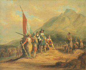 Die Ankunft von Jan van Riebeeck und seinen Männern am Kap der Guten Hoffnung im April 1652 von Charles Davidson Bell