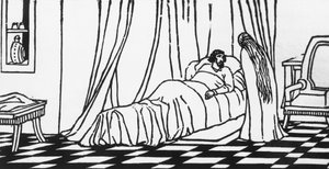 Melisande besucht Golaud, der nach einem Sturz vom Pferd im Bett liegt, Holzschnitt von Charles Doudelet (1861-1938) für Pelleas und Melisande von Maurice Maeterlinck (1862-1949), veröffentlicht von Claudio Argentieri, Spoleto, Italien