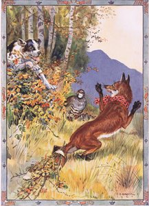 Aus den Büschen sprang der Hund, Szene aus Die Geschichte von der Rebhuhn, dem Fuchs und dem Hund in Kindererzählungen aus rumänischen Legenden von Moses Gaster von Charles Edmund Brock