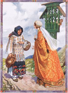 Die Prinzessin... bat sie, die Bauernkleider gegen ihre königlichen Gewänder zu tauschen, Szene aus Glück und Unglück in Kindererzählungen aus rumänischen Legenden von Moses Gaster von Charles Edmund Brock
