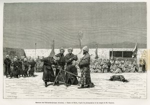 Übungen im Umgang mit Taifourchi-Bollwerkgewehren, Truppen, die von der chinesischen Armee bewaffnet und ausgebildet wurden, Zeichnung von Delort, zur Illustration der Erinnerungen einer englischen Botschaft in Kachgar (oder Kashi, China) in den Jahren 18 von Charles Edouard Delort