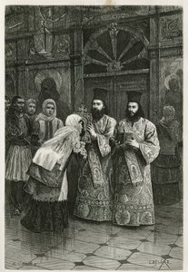 Priester geben den Heiligenbildern einen Kuss, Gravur von Ch. Delort, zur Illustration von Henri Belles Reise nach Griechenland in den Jahren 1861, 1868 und 1874, veröffentlicht in der Tour du monde, unter der Leitung von Edouard Charton von Charles Edouard Delort