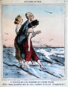 Traditioneller Mann begleitet zwei junge Damen zum Baden im Meer, ca. 1850-70