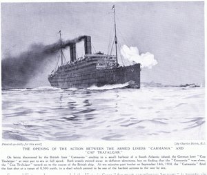 Die Eröffnungsaktion zwischen den bewaffneten Linern Carmania und Cap Trafalgar, Südatlantik, September 1915