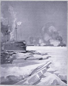 Wladiwostok-Geschwader zwingt sich durch das Eis aus dem Hafen von Wladiwostok, Illustration aus Cassells Geschichte des Russisch-Japanischen Krieges Band 1, ca. 1900