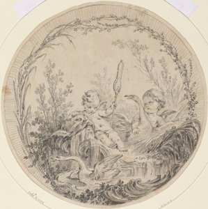 Zwei Putti spielen mit Schwänen von Charles Eisen