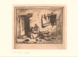 Frau mit Kind auf einer Bank an einer Fassade von Charles Emile Jacque (attributed to)