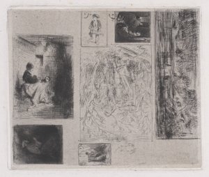 Kompositplatte: Frau und Kinder a, Alter Musiker b, Bratender Händler c, Landschaft ..., 1843